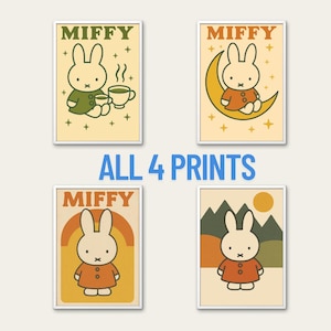 Ensemble d&#39;impressions Miffy : oeuvre d&#39;art murale rétro pour chambre d&#39;enfant (téléchargement numérique, lot de 4)