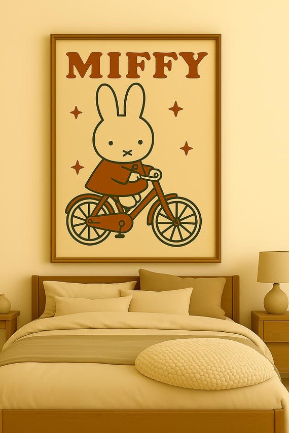 Vintage Miffy Bicycle Print – Cute Bunny Art for Kids Room