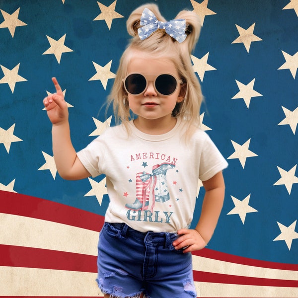 Toddler 4th Of July Shirt, Trendy American Girly Western Boots Graphic Tee Coquette Cowgirl Tshirt, Girls T-shirt Cute Fourth Summer Shirts
