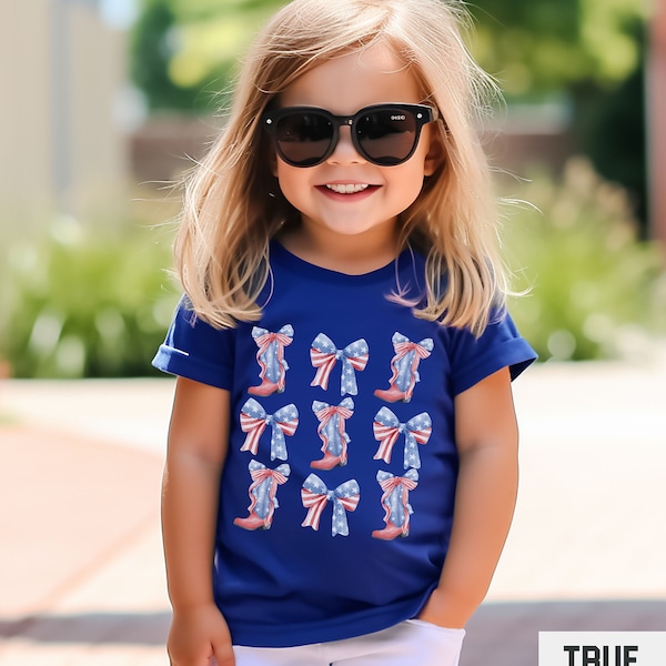 Toddler 4th Of July Shirt, Coquette Cowgirl Tshirt, Girls Trendy Western Boots Graphic Tee Soft Girl Ribbon Bows T-shirt Cute Fourth of July