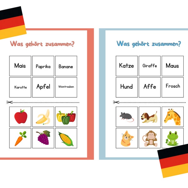 printable German word match game - Essen und Tiere