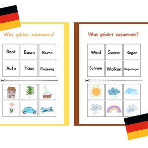 Könnte beinhalten: Zwei Arbeitsblätter mit der deutschen Flagge. Die Arbeitsblätter tragen den Titel "Was gehört zusammen?" und zeigen Illustrationen von Objekten und Wetterelementen für Zuordnungsübungen. Das erste Arbeitsblatt hat einen gelben Rand, das zweite einen braunen Rand.
