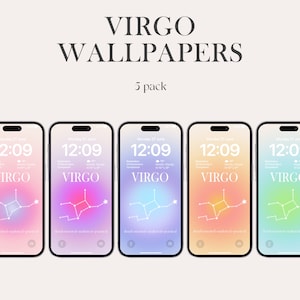 Könnte beinhalten: Fünf Handy-Hintergrundbilder mit dem Sternbild Jungfrau in weißer Umrandung vor einem Farbverlaufshintergrund. Die Hintergründe sind rosa, lila, blau, gelb und grün. Die Uhrzeit auf jedem Handy-Bildschirm ist 12:09.