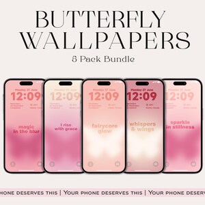 Soft pink buttrefly iPhone wallpapers, iPhone Wallpaper Pack Aesthetic Blurry Gradient Lock Screens with Affirmations , iPhone 15 Pro Max