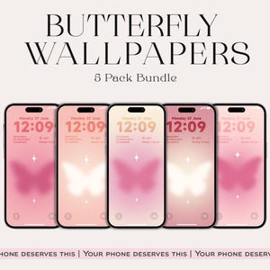 Fondo de pantalla de mariposa rosa para iPhone, tema Aura melocotón (descarga digital)
