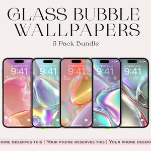 Peut inclure: Image numérique de cinq smartphones affichant des fonds d'écran à bulles de verre colorées. Les écrans indiquent l'heure 9h41 et présentent des motifs irisés en rose, violet, orange et turquoise. Le texte en haut indique "GLASS BUBBLE WALLPAPERS 5 Pack Bundle."