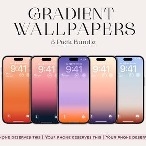 May include: A collection of five smartphones displaying gradient wallpapers in shades of orange, pink, purple, and blue. The screens show the time as 9:41. Text at the top reads "GRADIENT WALLPAPERS 5 Pack Bundle". The bottom text says "YOUR PHONE DESERVES THIS".