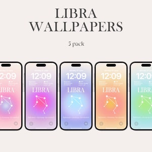 May include: Five phone wallpapers featuring the Libra zodiac sign with a gradient background in pink, purple, blue, orange, and green. The time is 12:09 on each wallpaper. The text "LIBRA" is displayed on each wallpaper.