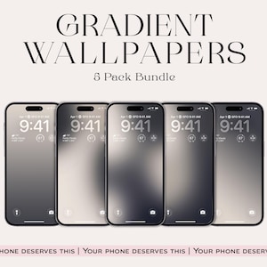 May include: Five smartphones displaying gradient wallpapers. The screens show a time of 9:41 AM and weather information. The text "GRADIENT WALLPAPERS" and "5 Pack Bundle" is displayed above the phones. The phrase "YOUR PHONE DESERVES THIS" is at the bottom.