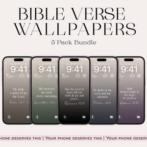 May include: A digital bundle of five smartphone wallpapers featuring Bible verses in white serif typography against gradient backgrounds in shades of beige, sage green, black, charcoal, and purple, labeled BIBLE VERSE WALLPAPERS 5 Pack Bundle.
