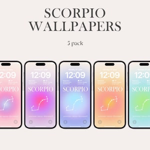 May include: Five phone wallpapers featuring the Scorpio zodiac sign in a constellation design. Each wallpaper has a different gradient background color: pink, purple, blue, yellow, and green.