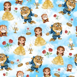 Princesse et ses amis fond nuage, beauty, seamless pattern, belle, Motif sans couture, digital Papers,