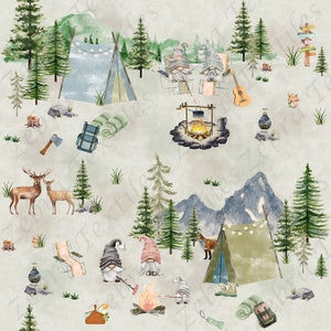 Camping gnome , animal, seamless pattern, Motif sans couture, digital Papers, tent, animal, summer