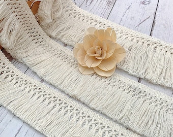 Cotton 6cm 8cm Knotted Criss Cross Lattice Design Tassel Fringe Trim Natural Cream