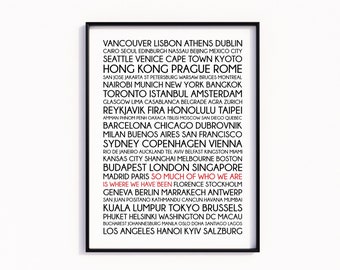 Travel Quote Art Print 95+ World Destinations International Cities "So Much Of Who We Are Is Where We Have Been", Travel Lover Gift Souvenir