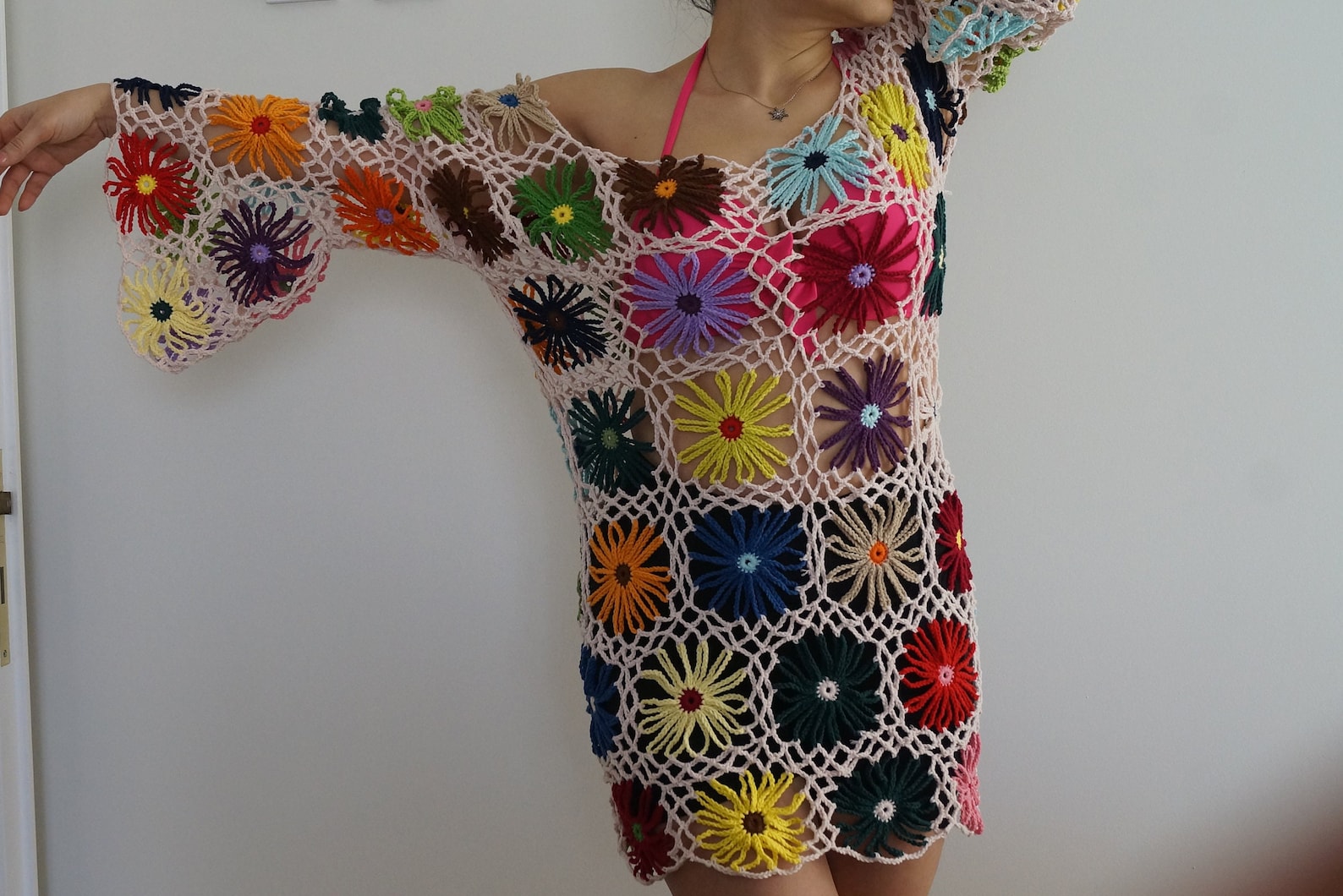 Crochet Colorful Flower Mini Dress Crochet Mini Dress Etsy