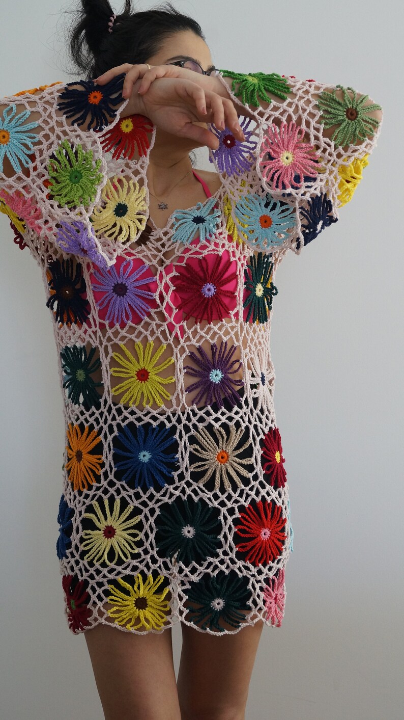 Crochet Colorful Flower Mini Dress Crochet Mini Dress Etsy