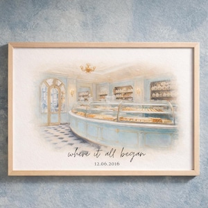 Könnte beinhalten: Aquarelldruck eines Bäckerei-Interieurs mit einer geschwungenen Vitrine und Regalen voller Gebäck. Der Druck hat ein hellblaues und weißes Farbschema mit dem Text "where it all began" und dem Datum 12.06.2016.