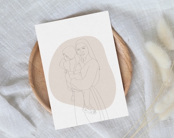 Illustration Personnalisé Digital Lineart Dessin Portrait Couple Petite amie Famille Animal Enfants Cadeau Boho Vintage Saint-Valentin Couple