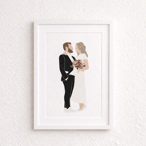 Könnte beinhalten: Ein gerahmter Kunstdruck mit einem Paar im minimalistischen Stil. Der Mann trägt einen schwarzen Anzug, die Frau ein weißes Kleid und hält einen Blumenstrauß. Das Kunstwerk ist vor weißem Hintergrund.