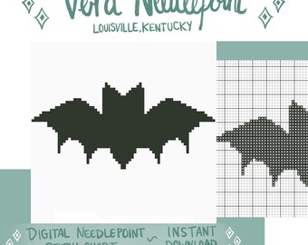 May include: Digital needlepoint stitch chart with a dark green bat design. The image includes the text "Vera Needlepoint, Louisville, Kentucky", "Digital Needlepoint Stitch Chart 18 Mesh Instant Download".