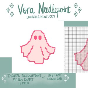 Pode incluir: Gráfico de ponto de cruz digital com um design de fantasma rosa pixelado. O texto "Vera Needlepoint, Louisville, Kentucky" está no topo. As palavras "Digital Needlepoint Stitch Chart 18 Mesh Instant Download" estão na parte inferior.