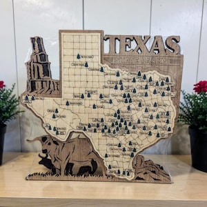 Texas State Park Map – Laser Cut Wood Adventure Tracker – Handmade Travel Map with Tree Markers & Easel – Customizable Family Name Plaque