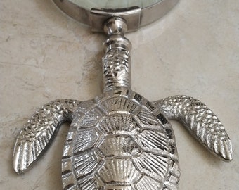 Handcrafted Brass Turtle Magnifying Glass Paperweight, Nautical Desk Decor