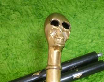 Wooden Walking Stick, Brass Skull Handle, Black Cane, Vintage Style, Handmade Support