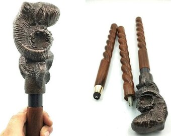Octopus Head Vintage Wooden Walking Cane - Designer Rope Style Shaft, Handmade Aluminum & Wood