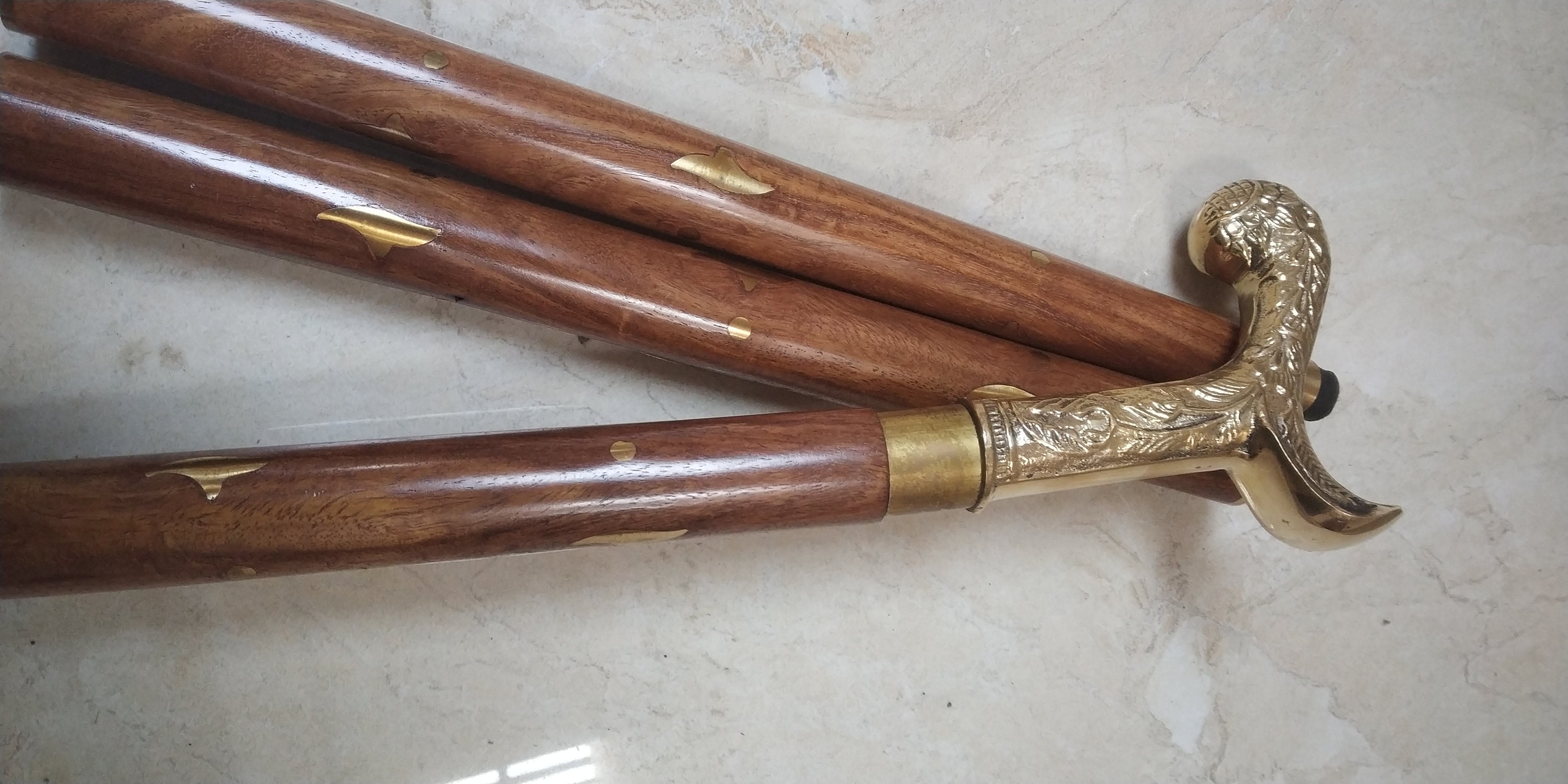 Bâton De Marche Vintage En Bois 3 Plis Avec Laiton - Pour Poignée De Canne - Hauteur Réglable 36 Pouces