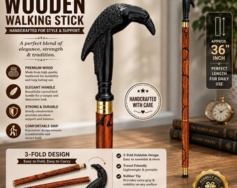 Bastone da passeggio in legno, impugnatura a forma di corvo, fusto pieghevole con design tagliato al laser, idea regalo.