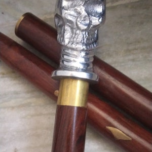 Wooden Walking Cane | Skull Human Head Handle | 3 Fold Brown Stick