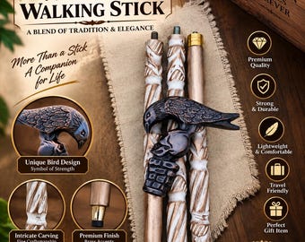 Bastone da passeggio in legno fatto a mano, impugnatura con design a teschio e corvo, tre sezioni pieghevoli, aspetto antico, regalo per uomo