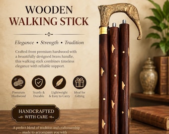 Bastone da passeggio in legno, impugnatura in ottone, puntale a forma di elefante, pieghevole in 3 sezioni, regalo per uomo