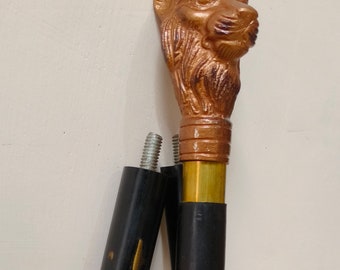 Lion Handle Walking Stick, Black Wood Cane, Brass Inlay, 3 Fold Travel Stick