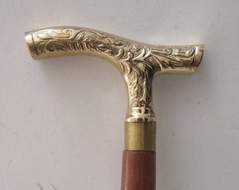 Brass Handle Wooden Walking Cane - Derby Style - Foldable 36 Inch