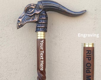 Personalized Wooden Walking Cane,Engraving Stick,Spiral Design | 3-Fold Use for Gift,Festival Dragon Handle