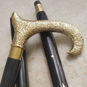 Walking Stick,Wooden cane,Derbey Shaped Brass Handle,Black Color,3 Fold,Rubber tip,use for Gift,Travel