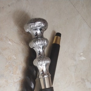 Walking Cane | Spiral Wooden Stick | Nickel Tyre Design Handle | Black Travel Gift