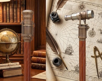 Bastone da passeggio, bastone di legno con impugnatura telescopica in ottone, asta nautica a tre sezioni con cannocchiale.