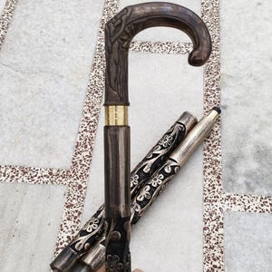 Wooden walking Stick,Carving Design,Antique Finish Handle,Three Fold,Cane for Men-Women