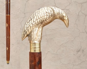Bastone da passeggio con impugnatura in ottone, pieghevole in 3 sezioni, in legno a forma di corvo, regalo per uomo