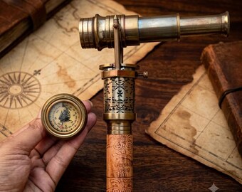 Bastone da passeggio in legno con impugnatura telescopica / cannocchiale in ottone anticato, bastone da regalo in stile classico