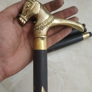 Brass Horse Handle Walking Stick - Foldable Wooden Cane, Gift for Travelers