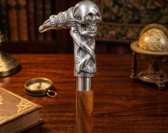 Walking Stick With Skull Handle,Wood Carving Design cane,Three Fold Brown color