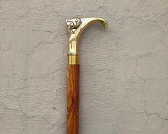 Handcrafted Wooden Walking Cane with Brass Cat Handle, 3 Fold Travel Stick