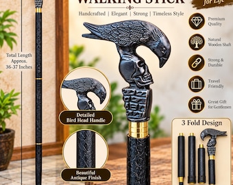 Bastone da passeggio in legno, con impugnatura a forma di teschio di corvo, pieghevole in 3 posizioni e rivestito in pelle, ideale per uomo.