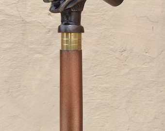 Lion Handle Walking Cane: Brass & Wood Foldable Stick