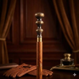 May include: A walking stick featuring a polished wooden shaft and a decorative brass handle. The handle consists of three stacked, rounded segments with intricate engraved patterns, connected to the shaft by a smooth brass collar.